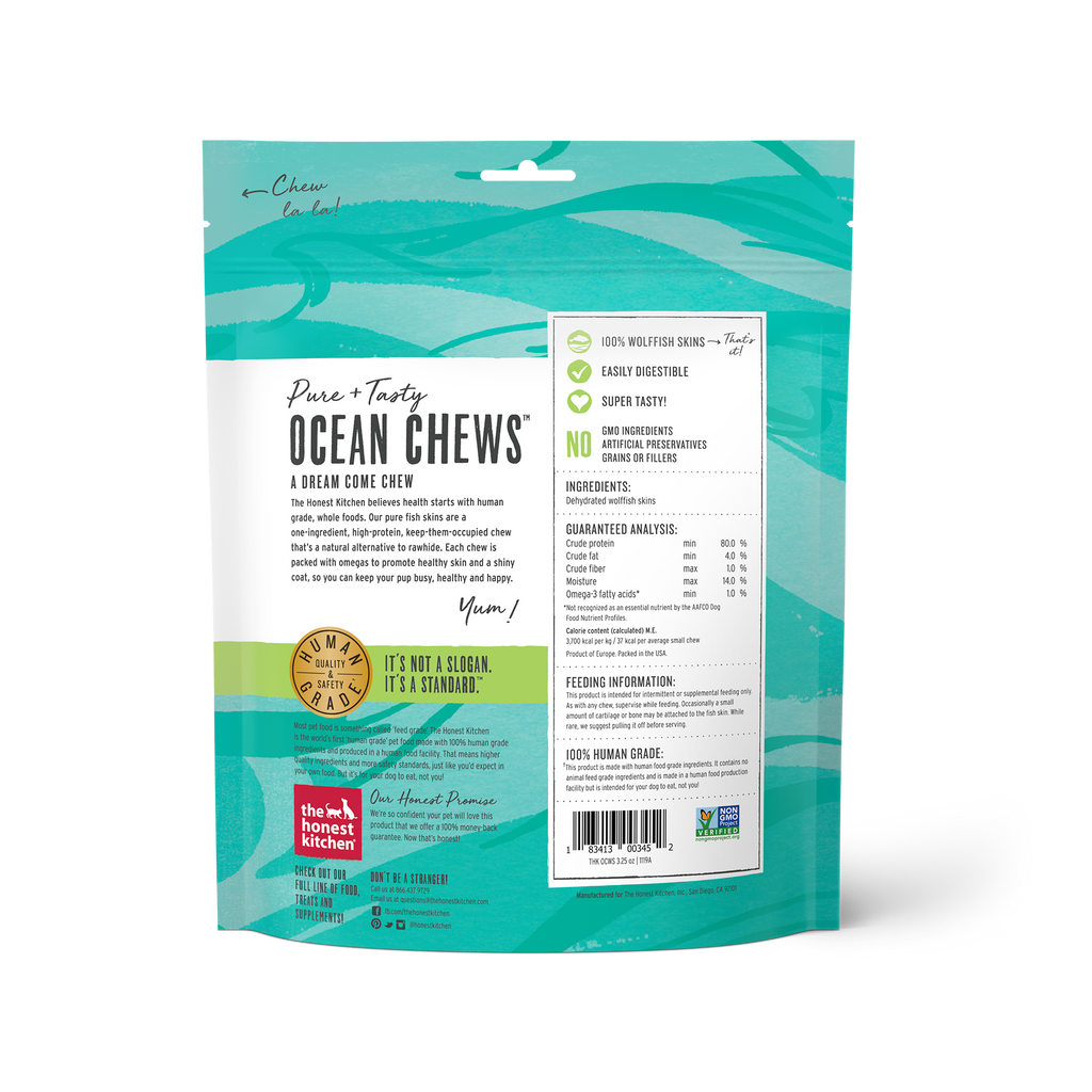 The Honest Kitchen Ocean Chews Beams Dog Treat Wolffish Skins 3.25oz