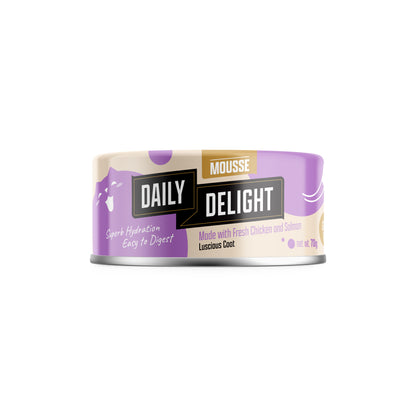 Daily Delight Mousse Made with Fresh Chicken and Salmon Halal Certified Cat Wet Food 80g Can for superb hydration and easy to digest for Cats, Kittens and Senior Cats
