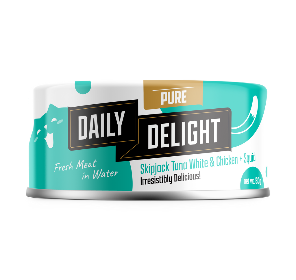 Daily Delight Pure Skipjack Tuna White and Chicken with Squid Meat in Water Cat Wet Food 80g Can