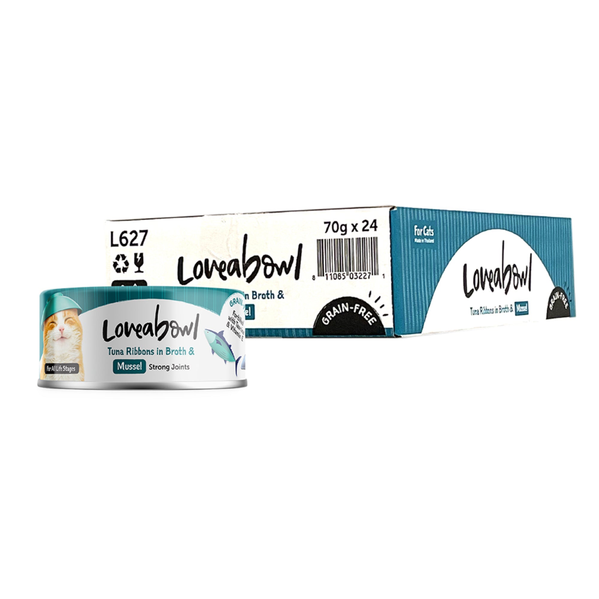 Loveabowl Grain Free Tuna Ribbons with Mussel Cat Wet Food in Broth 70g Carton for Strong Joints
