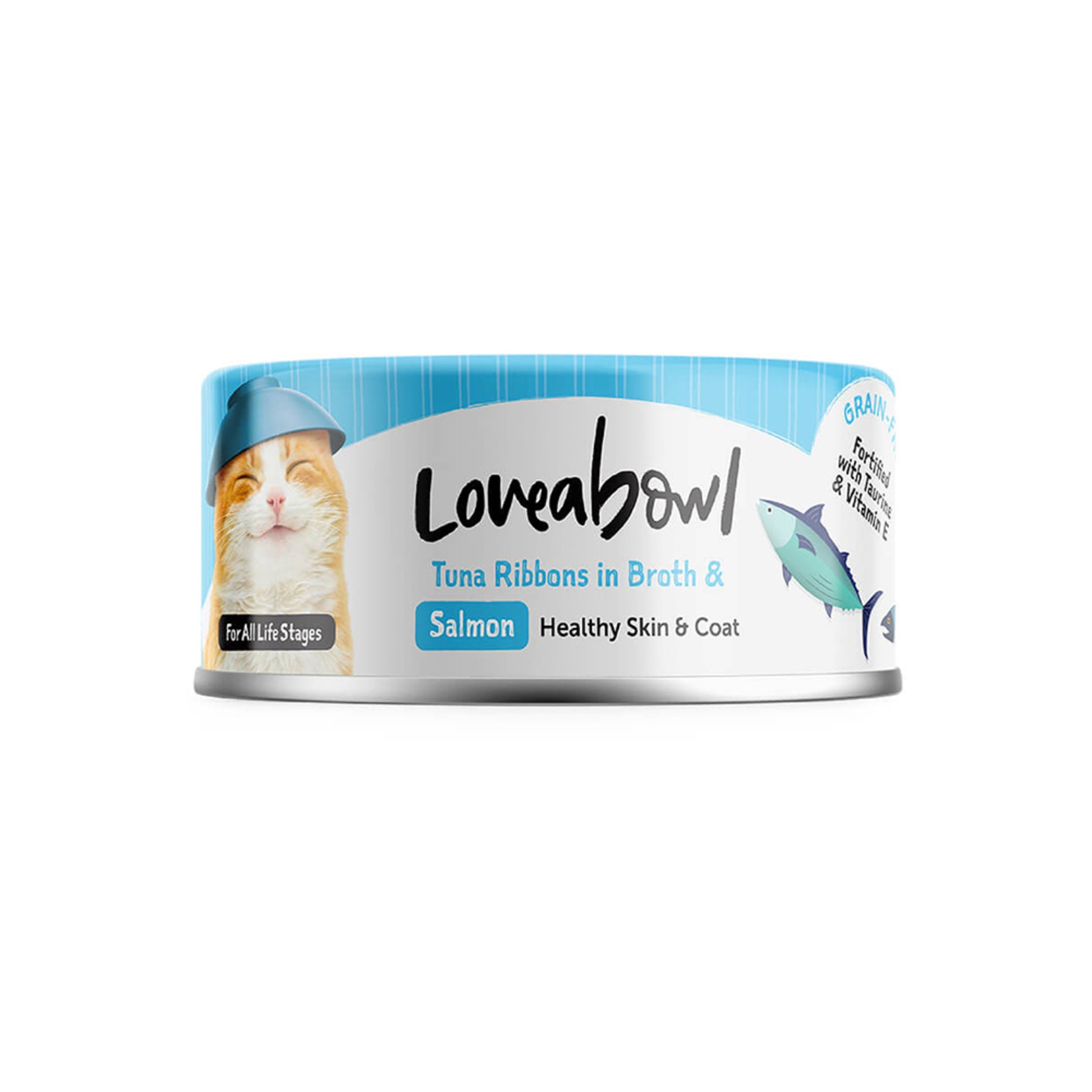 Loveabowl Grain Free Tuna Ribbons with Salmon Cat Wet Food in Broth 70g Can for Healthy Skin & Coat