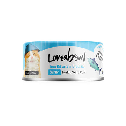Loveabowl Grain Free Tuna Ribbons with Salmon Cat Wet Food in Broth 70g Can for Healthy Skin & Coat