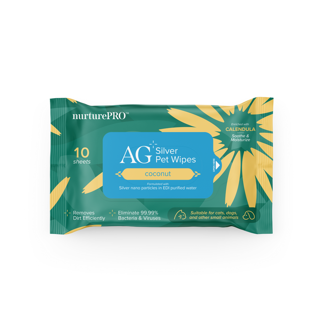 nurturepro AG Plus Colloidal Silver Coconut Scent Pet Wipes Travel Size 10 Sheets for Dogs, Cats and Small Pets