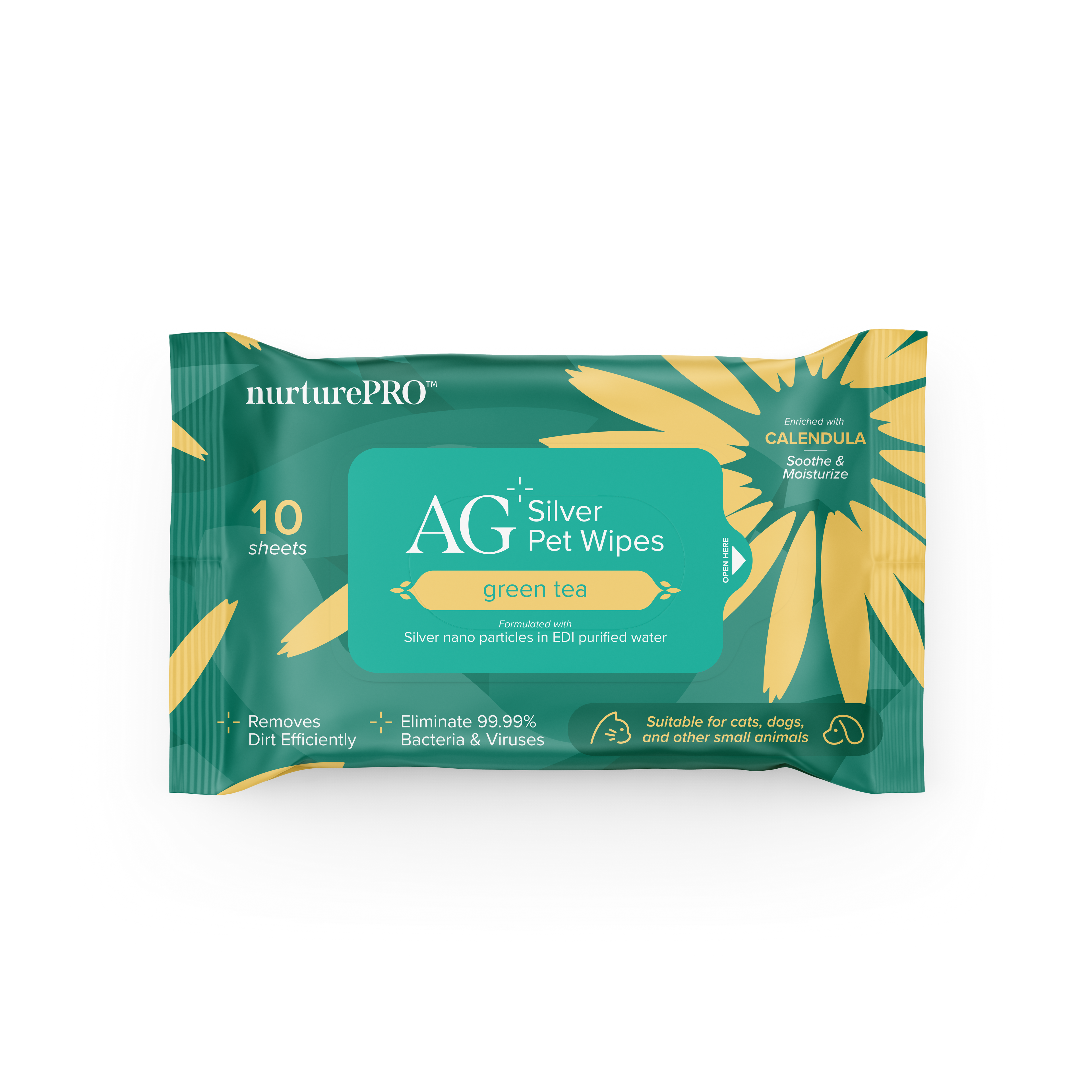 nurturepro AG Plus Colloidal Silver Green Tea Scent Pet Wipes Travel Size 10 Sheets for Dogs, Cats and Small Pets