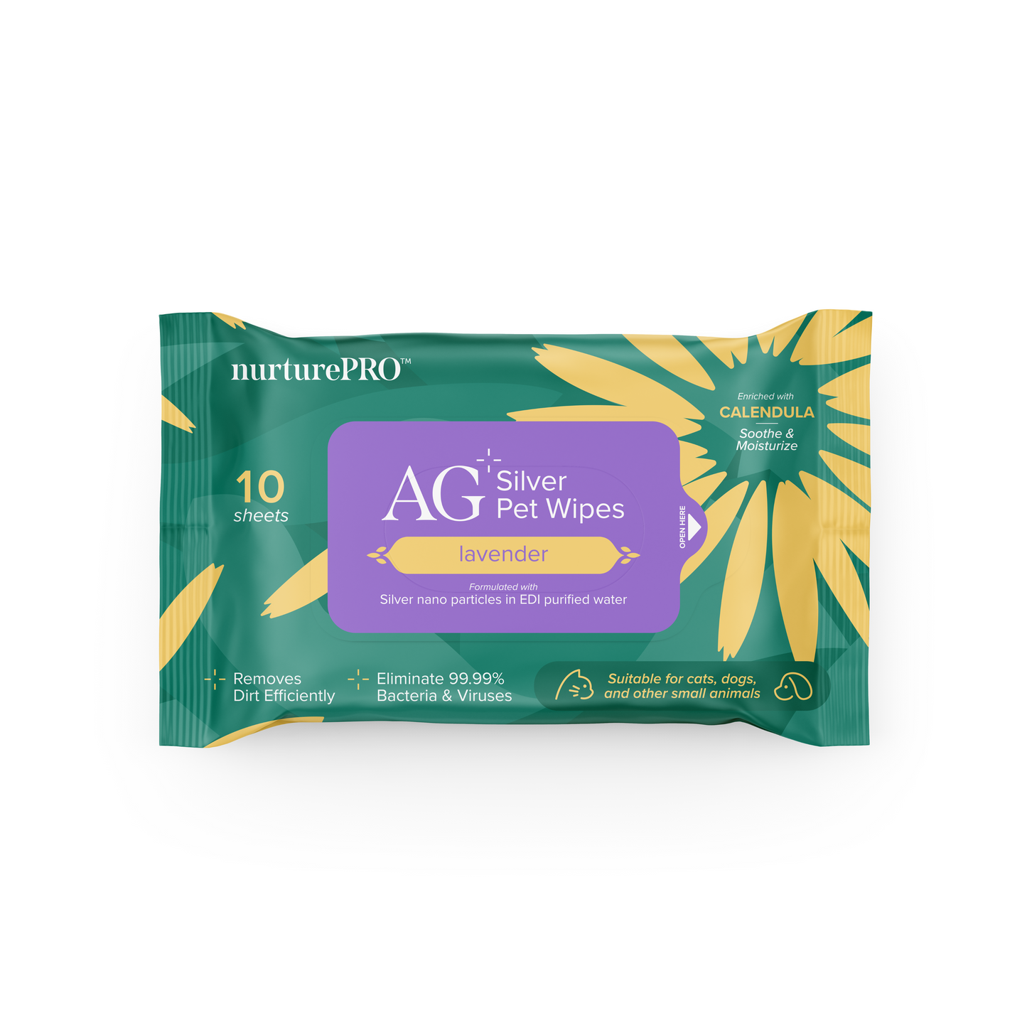 nurturepro AG Plus Colloidal Silver Lavender Scent Pet Wipes Travel Size 10 Sheets for Dogs, Cats and Small Pets