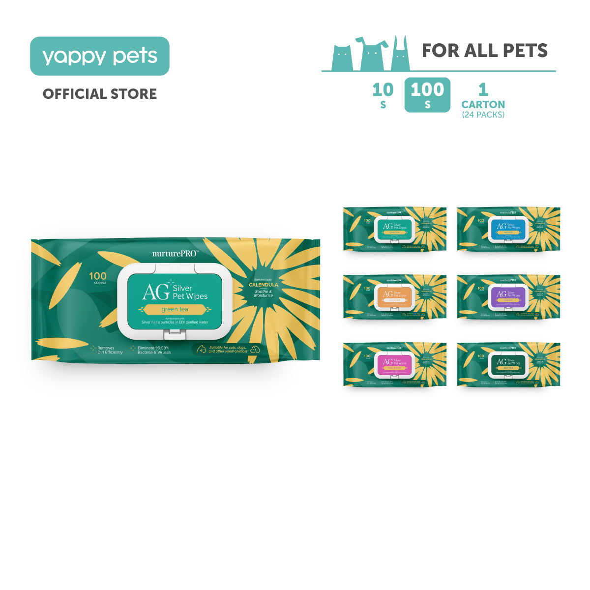 nurturepro AG Plus Colloidal Silver Pet Wipes 100 Sheets in 6 Scents for Dogs, Cats and Small Pets
