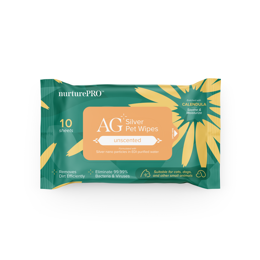 nurturepro AG Plus Colloidal Silver Unscented Pet Wipes Travel Size 10 Sheets for Dogs, Cats and Small Pets