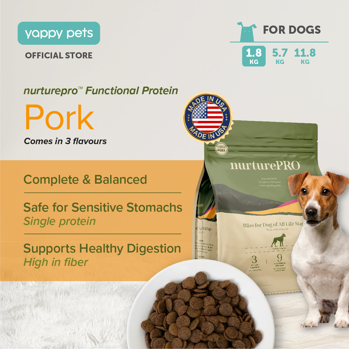 nurturepro Pork Dog Dry Food Complete and Balanced, Safe for Sensitive Stomach and Supports Healthy Digestion 1.8kg