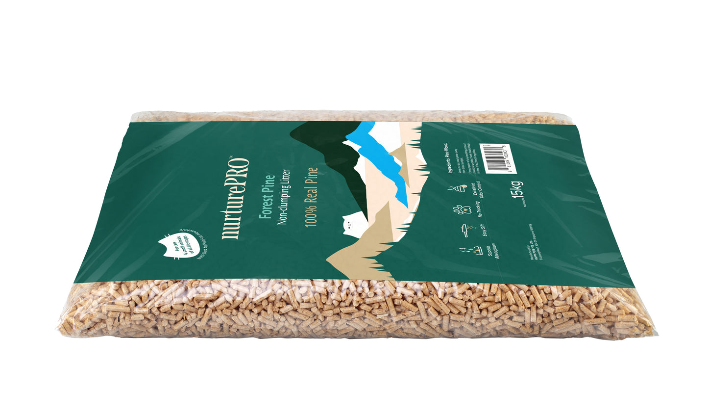 nurturepro Forest Pine Non-Clumping Cat Litter 15kg for Multiple Cat Household, Excellent Odour Control Flat Lay