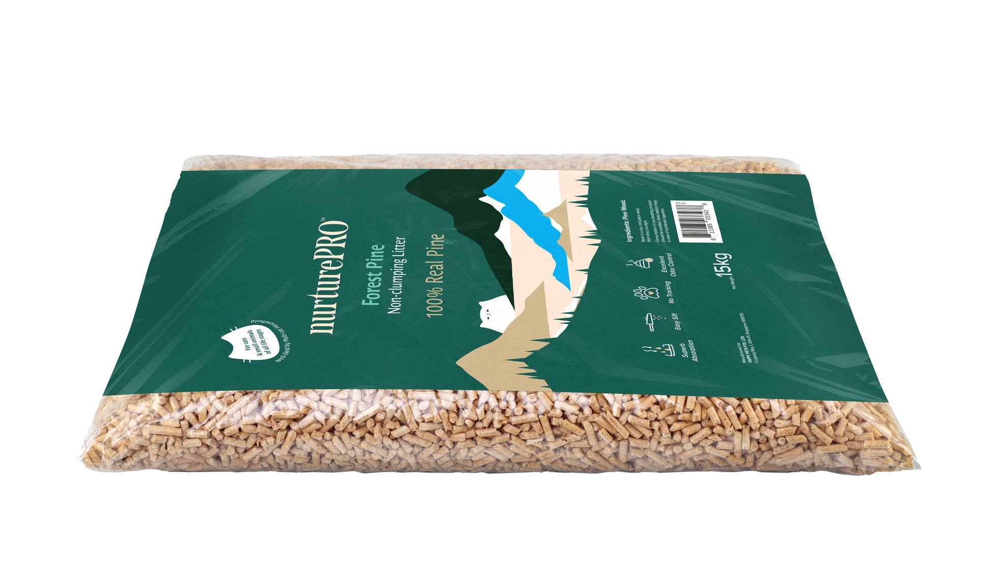 nurturepro Forest Pine Non-Clumping Cat Litter 15kg for Multiple Cat Household, Excellent Odour Control Flat Lay