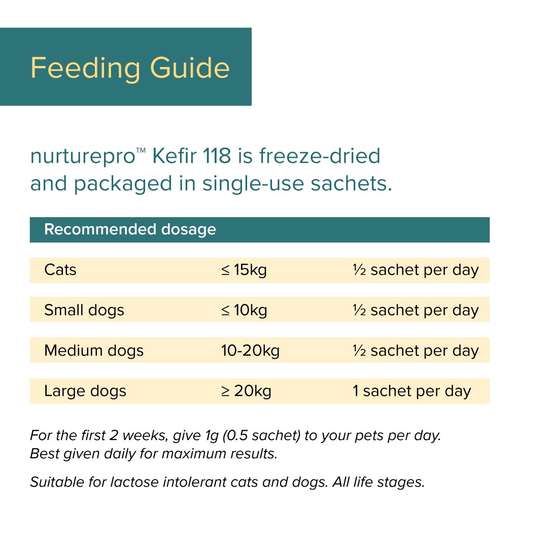 
nurturepro Kefir 118 is freeze dried and packaged in single use sachets with recommended dosage of half sachet for cats small and medium dogs and one sachet for large dogs