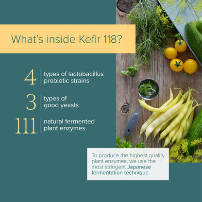 nurturepro Kefir 118 contains 4 types of lactobacillus probiotic strains with 3 types of good yeasts and 111 natural fermented plant enzymes