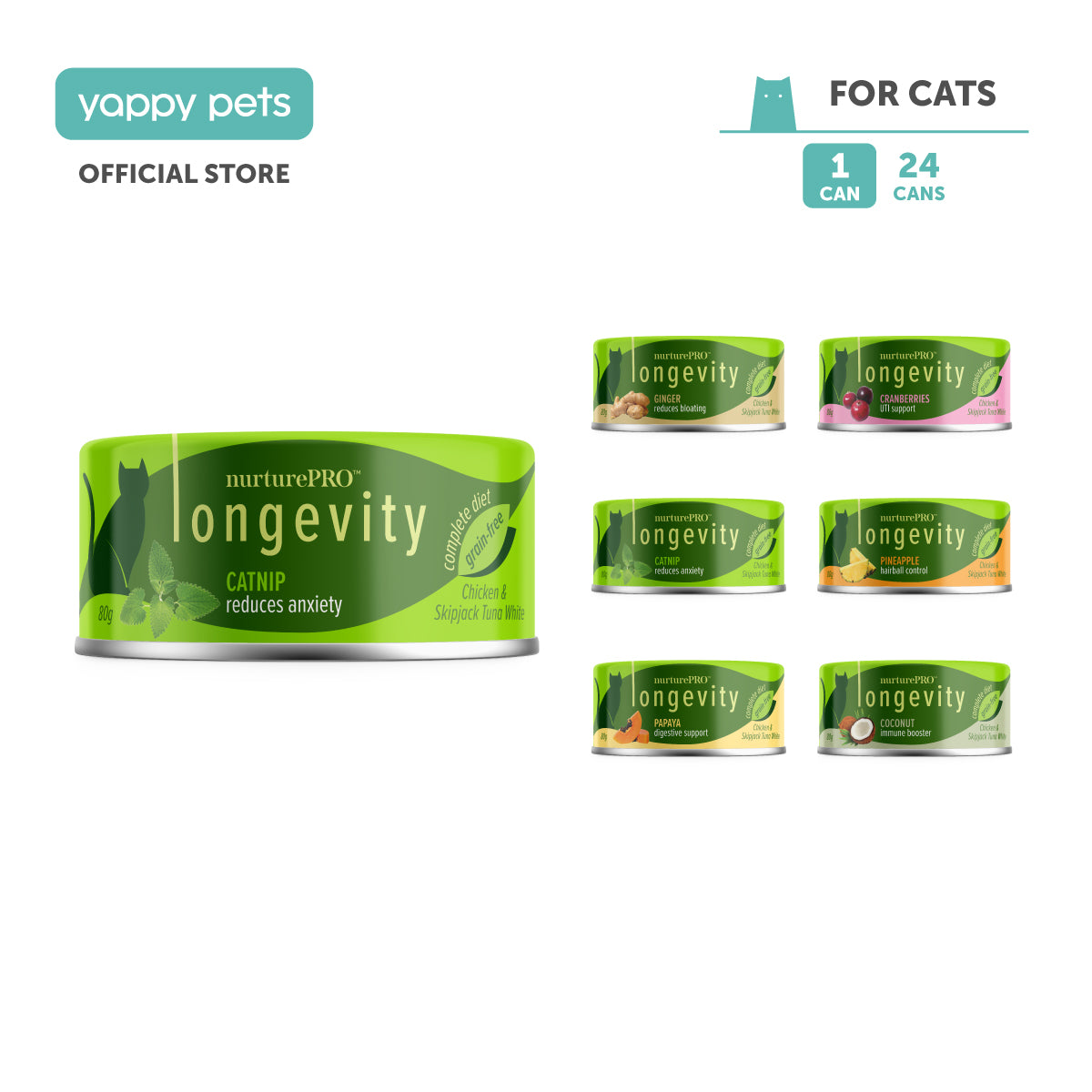 nurturepro Longevity Chicken and Skipjack Tuna Complete and Balanced Cat Wet Food 80g Can in 6 Flavors